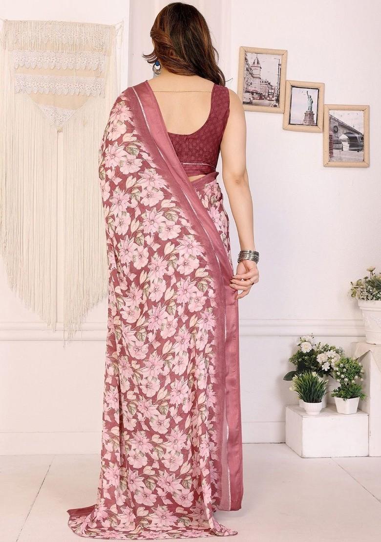 Maroon Printed Blended Saree Set