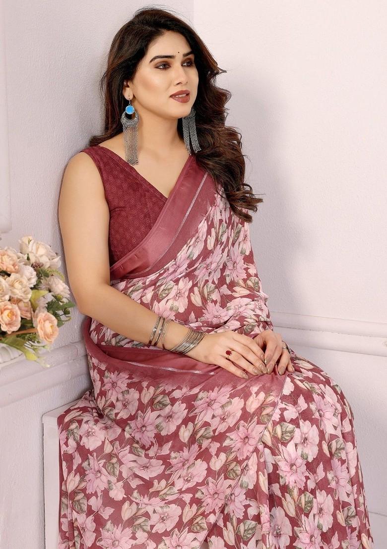 Maroon Printed Blended Saree Set