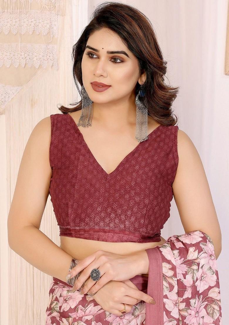 Maroon Printed Blended Saree Set