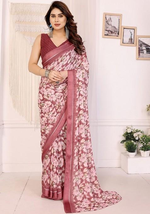 Maroon Printed Blended Saree Set