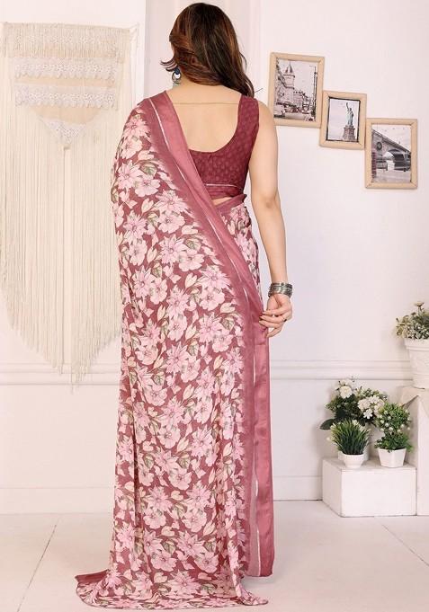 Maroon Printed Blended Saree Set