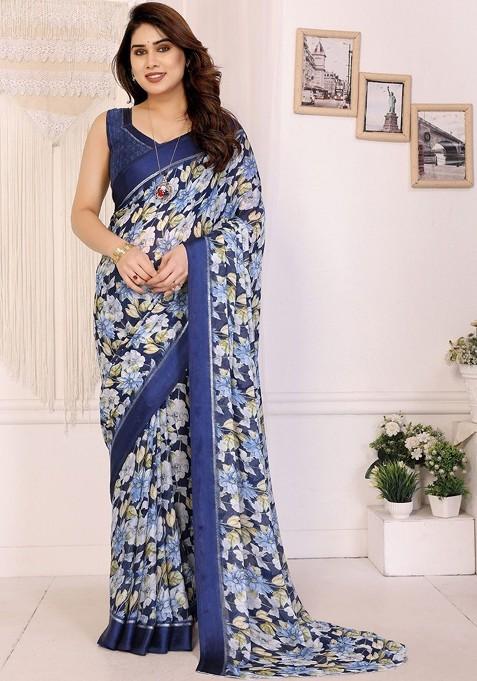 Blue Printed Blended Saree Set — view on Indya
