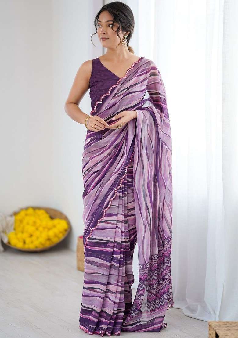 Purple Embroidered Blended Saree Set for Diwali and Festive Wear - Indya
