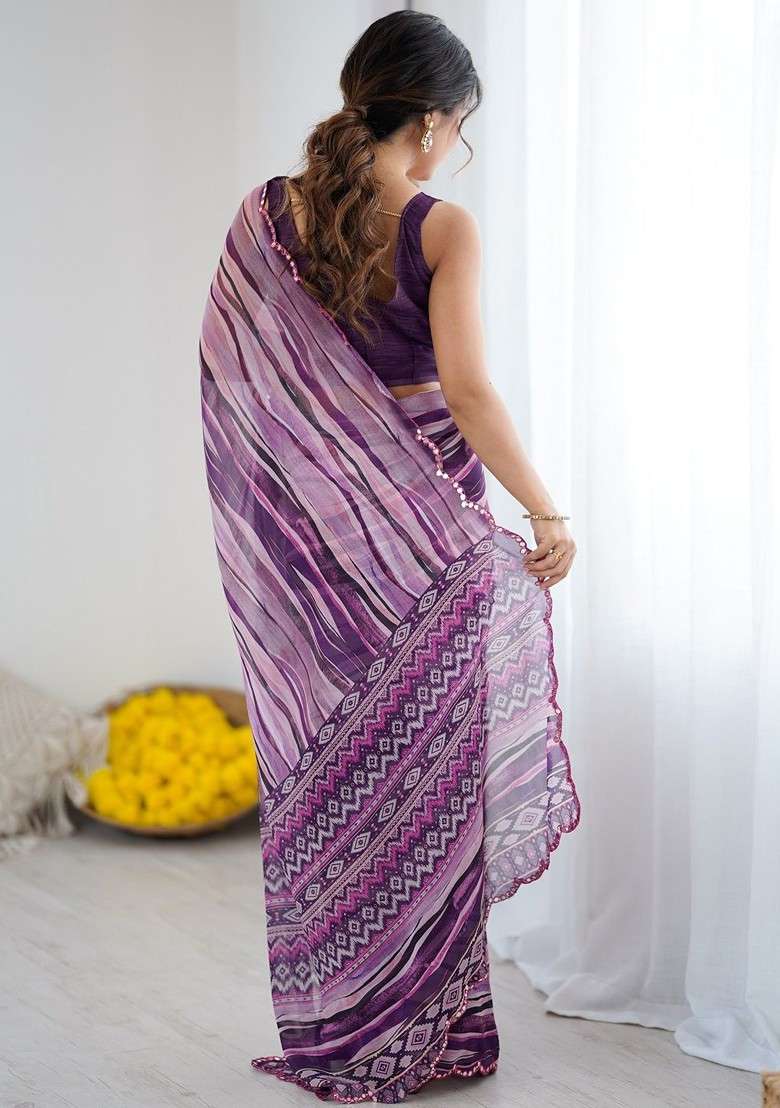 Purple Embroidered Blended Saree Set for Diwali and Festive Wear - Indya