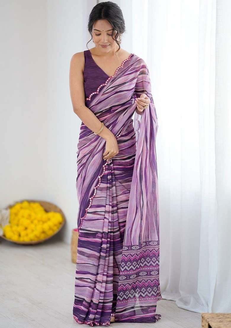Purple Embroidered Blended Saree Set for Diwali and Festive Wear - Indya