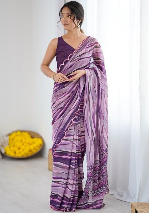 Purple Embroidered Blended Saree Set