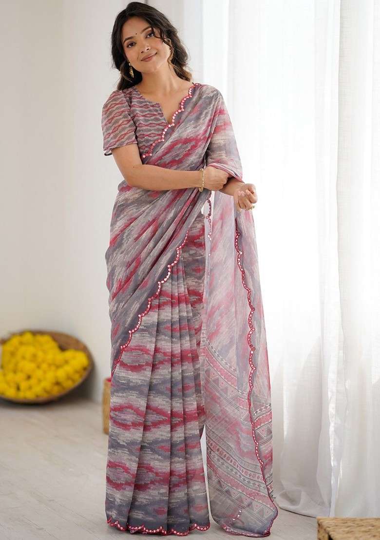 Grey Embroidered Blended Saree Set for Diwali and Festive Wear - Indya