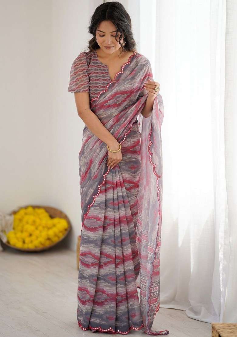 Grey Embroidered Blended Saree Set for Diwali and Festive Wear - Indya
