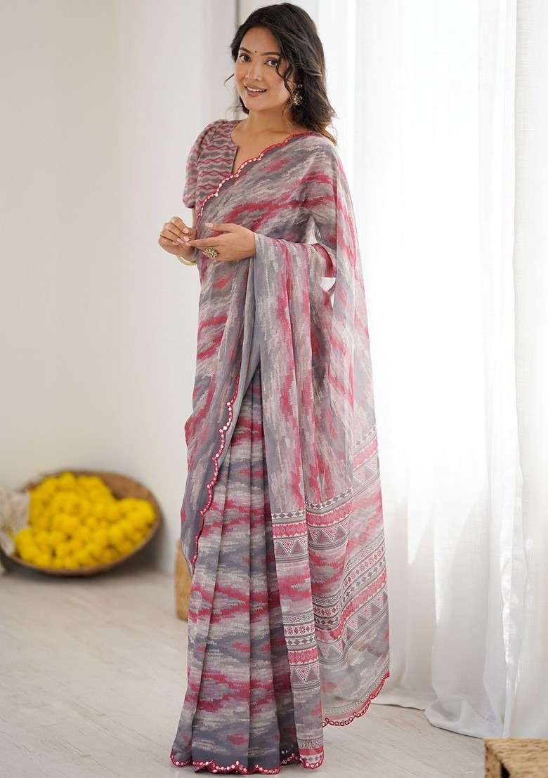 Grey Embroidered Blended Saree Set for Diwali and Festive Wear - Indya