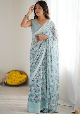 Turquoise Blue Printed Blended Saree Set