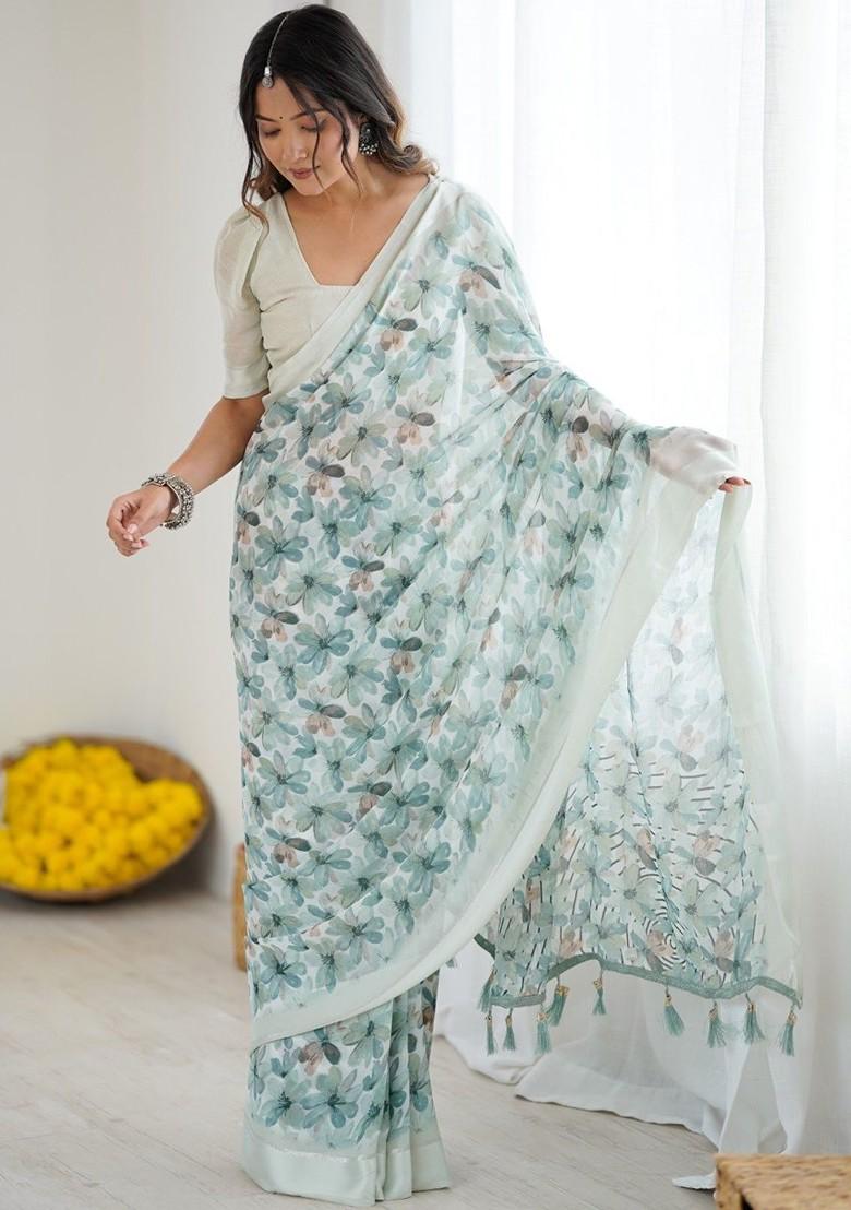 Sea Green Printed Blended Saree Set