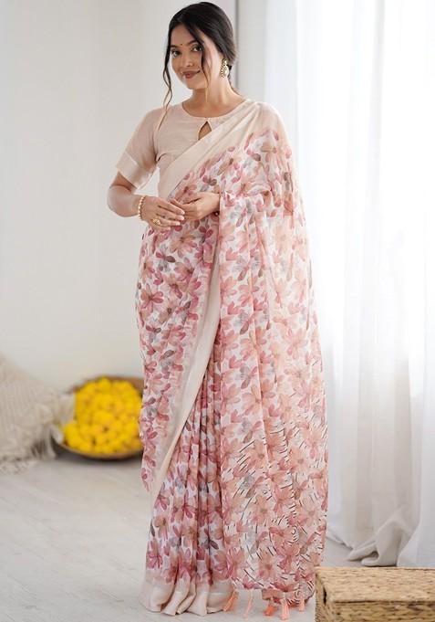 Cream Printed Blended Saree Set — view on Indya