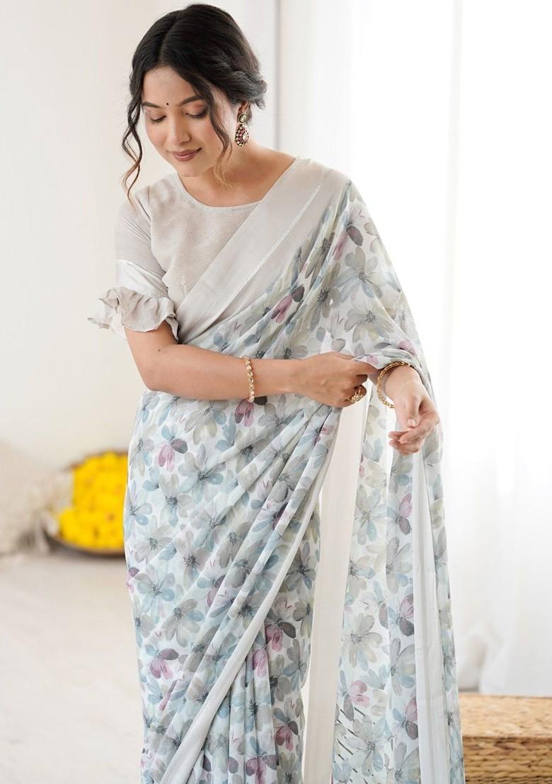 White Printed Blended Saree Set