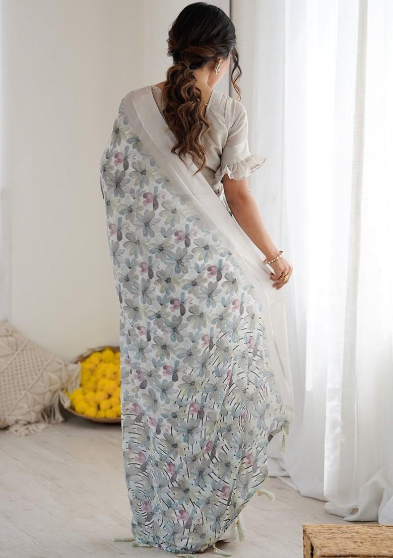 White Printed Blended Saree Set