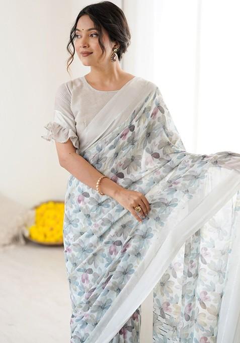 White Printed Blended Saree Set