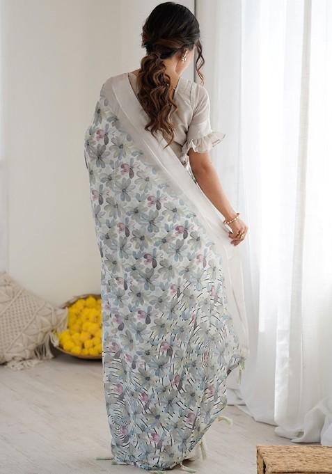 White Printed Blended Saree Set
