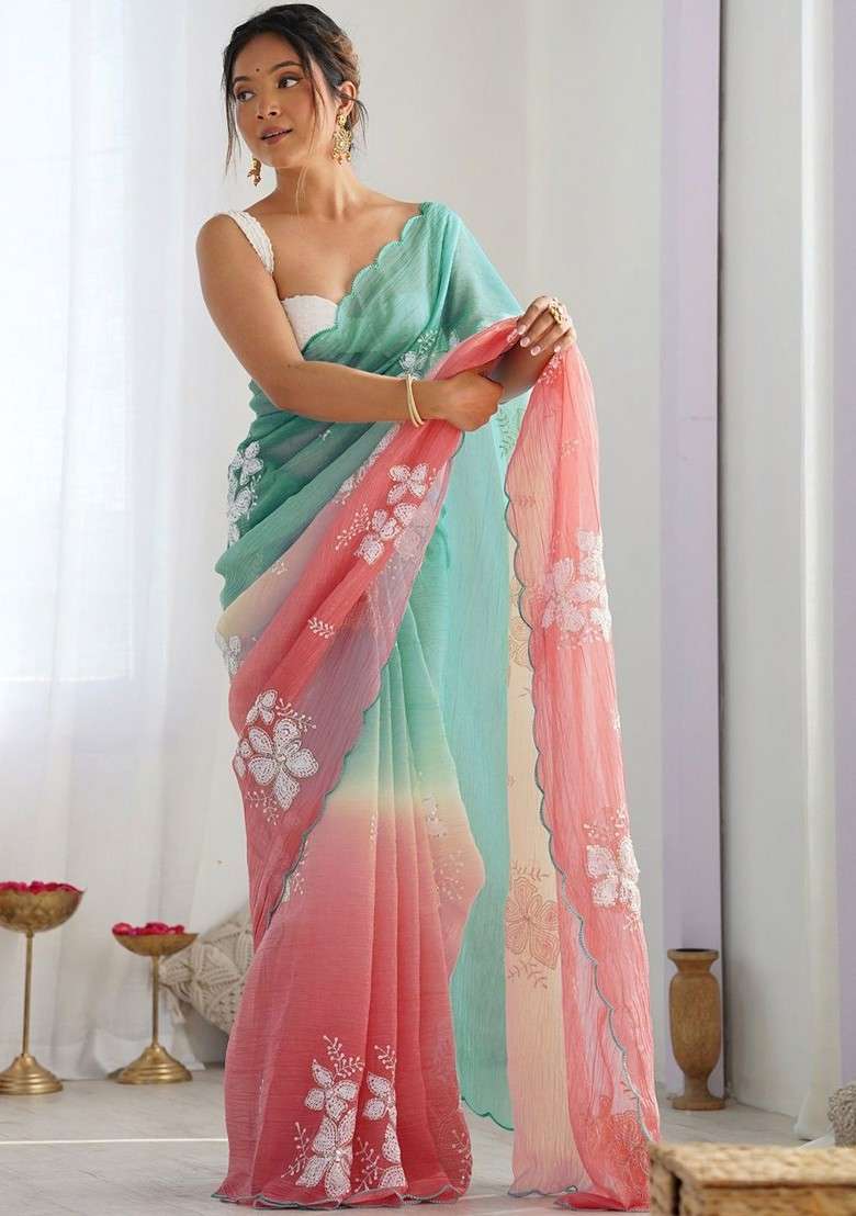 Multi Blended Saree Set with Printed for Diwali | Wedding & Festive Wear - Indya