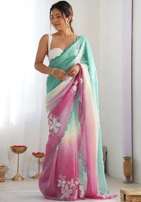 Multi Printed Blended Saree Set