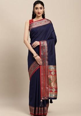 Navy Blue Embroidered Blended Saree Set