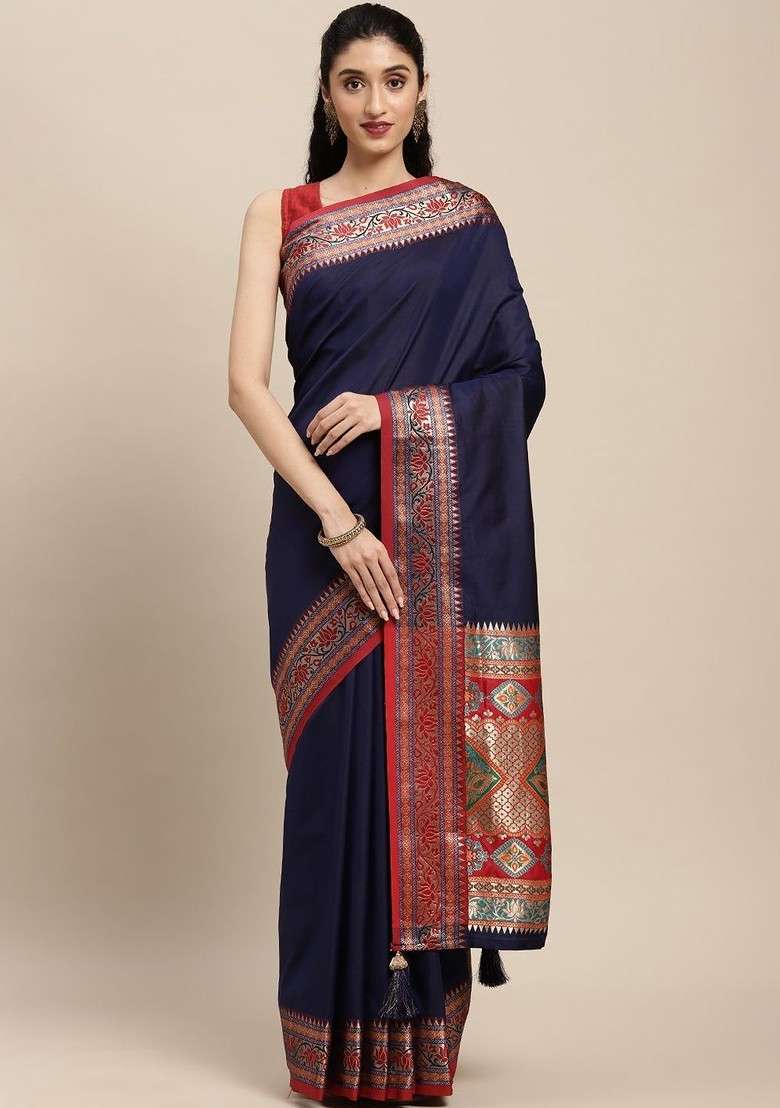 Navy Blue Embroidered Blended Saree Set - Indya