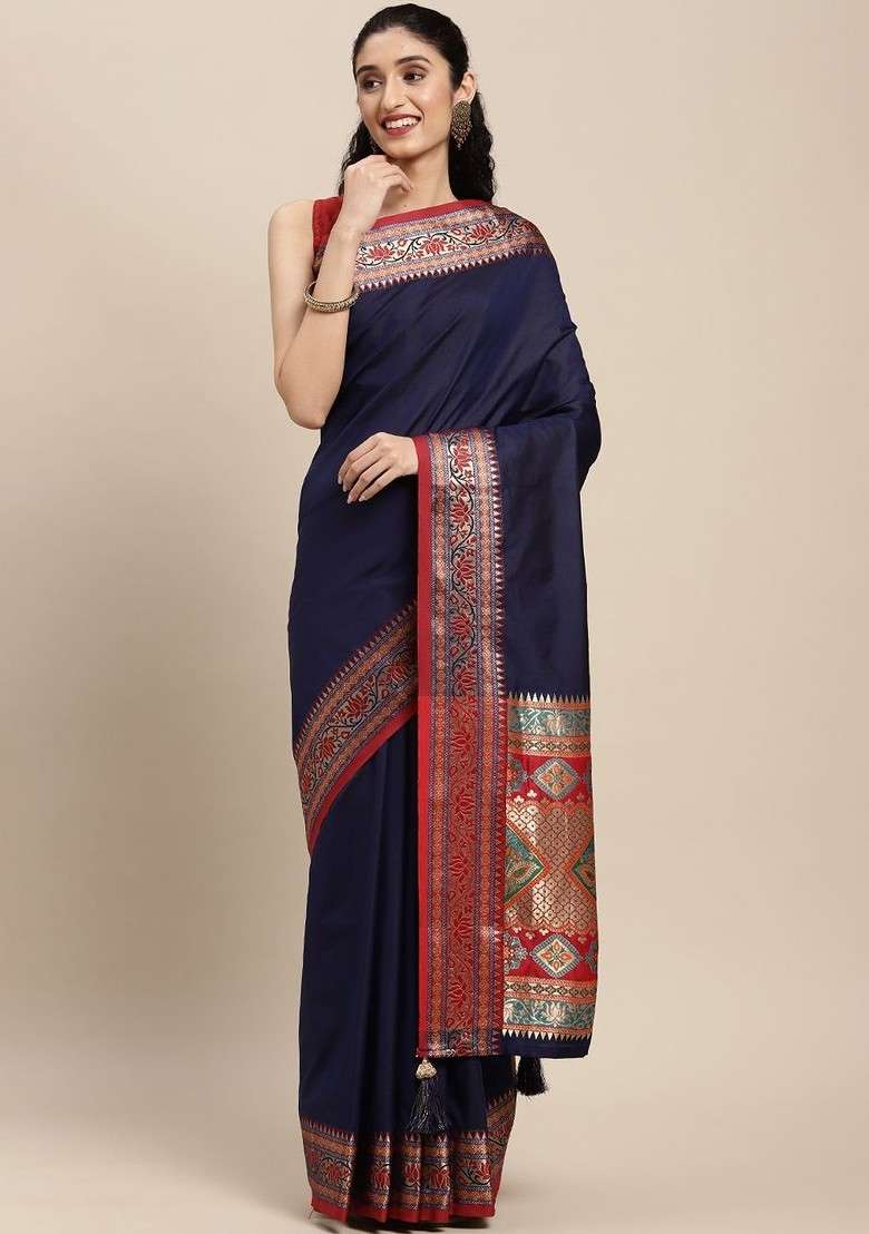 Navy Blue Embroidered Blended Saree Set - Indya