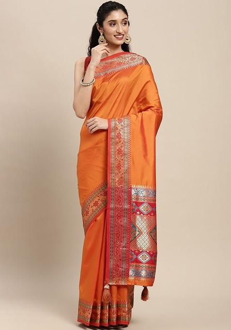 Orange Embroidered Blended Saree Set