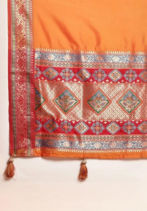 Orange Embroidered Blended Saree Set