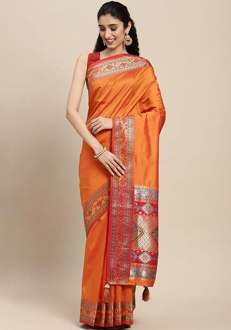 Orange Embroidered Blended Saree Set