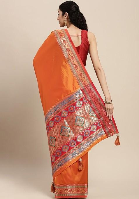 Orange Embroidered Blended Saree Set