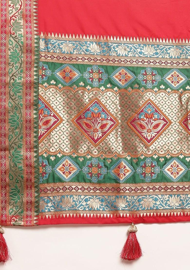 Red Embroidered Blended Saree Set