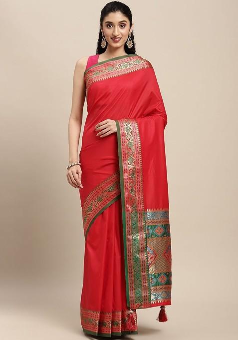 Red Embroidered Blended Saree Set