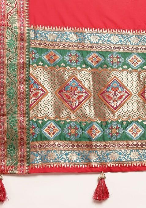 Red Embroidered Blended Saree Set