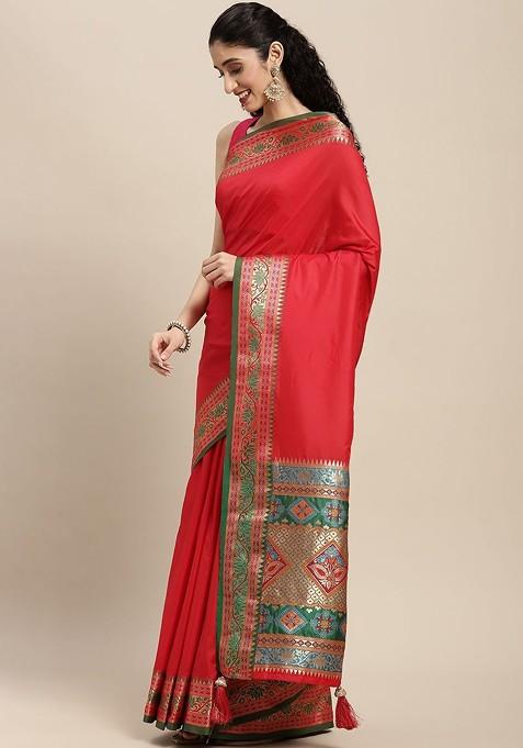 Red Embroidered Blended Saree Set