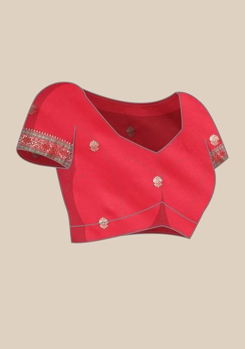 Red Embroidered Blended Saree Set