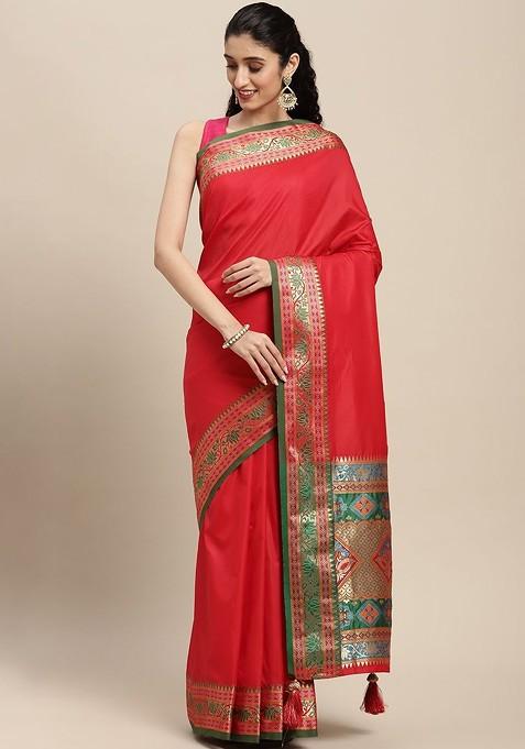 Red Embroidered Blended Saree Set