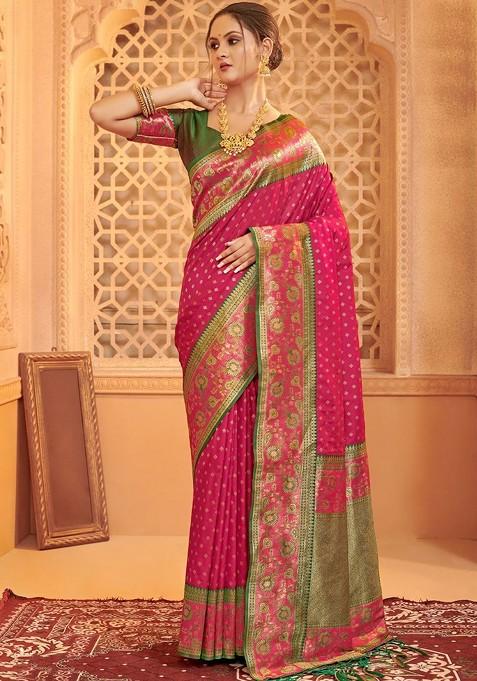 Pink Jacquard Blended Saree Set — view on Indya