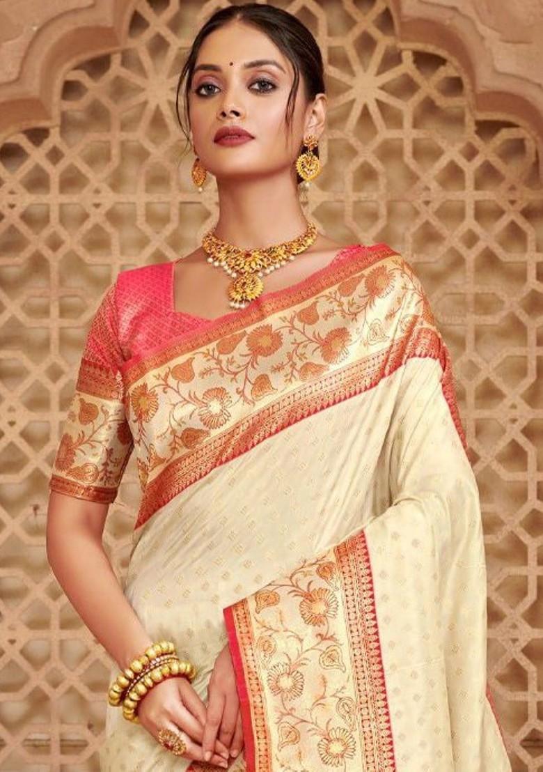 Off White Printed Blended Saree Set