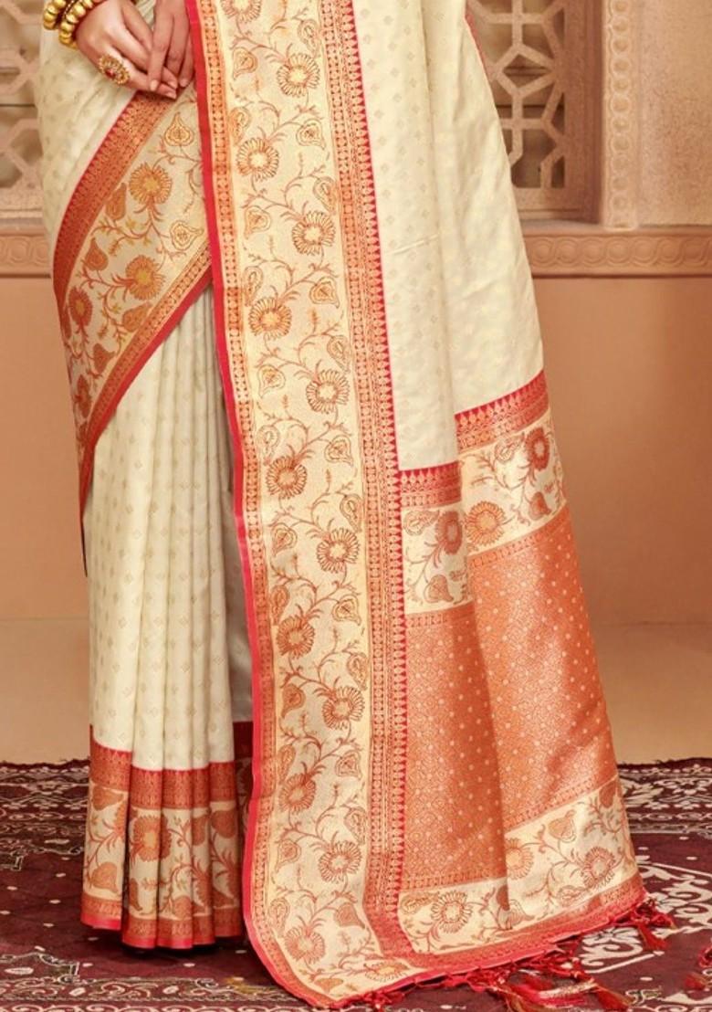 Off White Printed Blended Saree Set