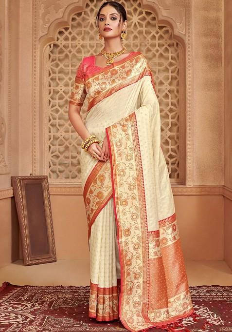 Off White Printed Blended Saree Set