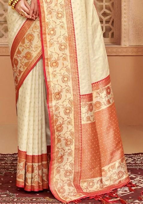 Off White Printed Blended Saree Set