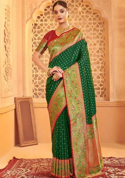 Green Jacquard Blended Saree Set — view on Indya
