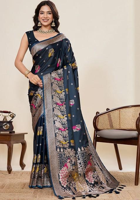 Navy Blue Printed Blended Saree Set — view on Indya