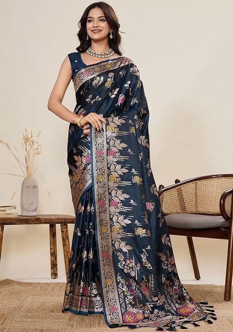 Navy Blue Printed Blended Saree Set — view on Indya