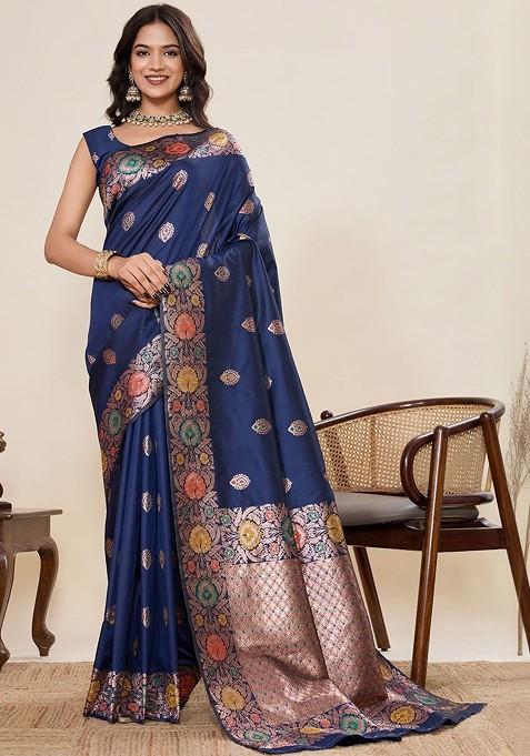 Navy Blue Embroidered Blended Saree Set — view on Indya