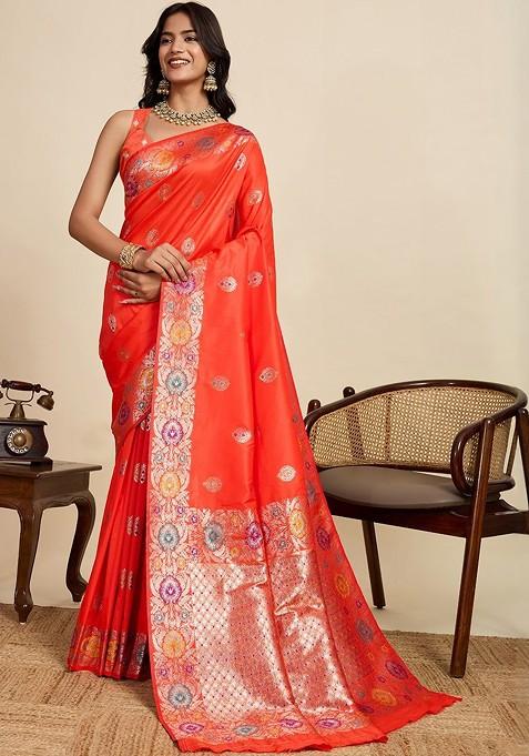 Orange Embroidered Blended Saree Set