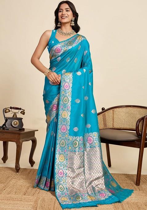 Blue Printed Blended Saree Set