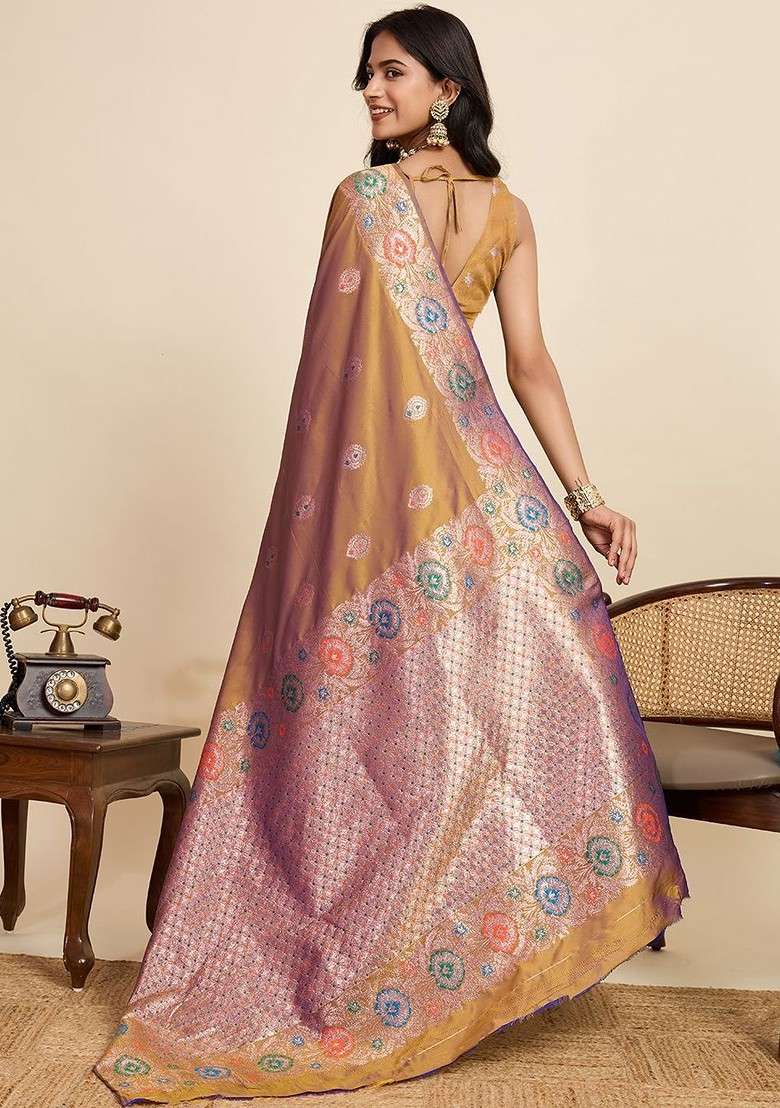 Gold Blended Saree Set with Embroidered for Diwali | Wedding & Festive Wear - Indya