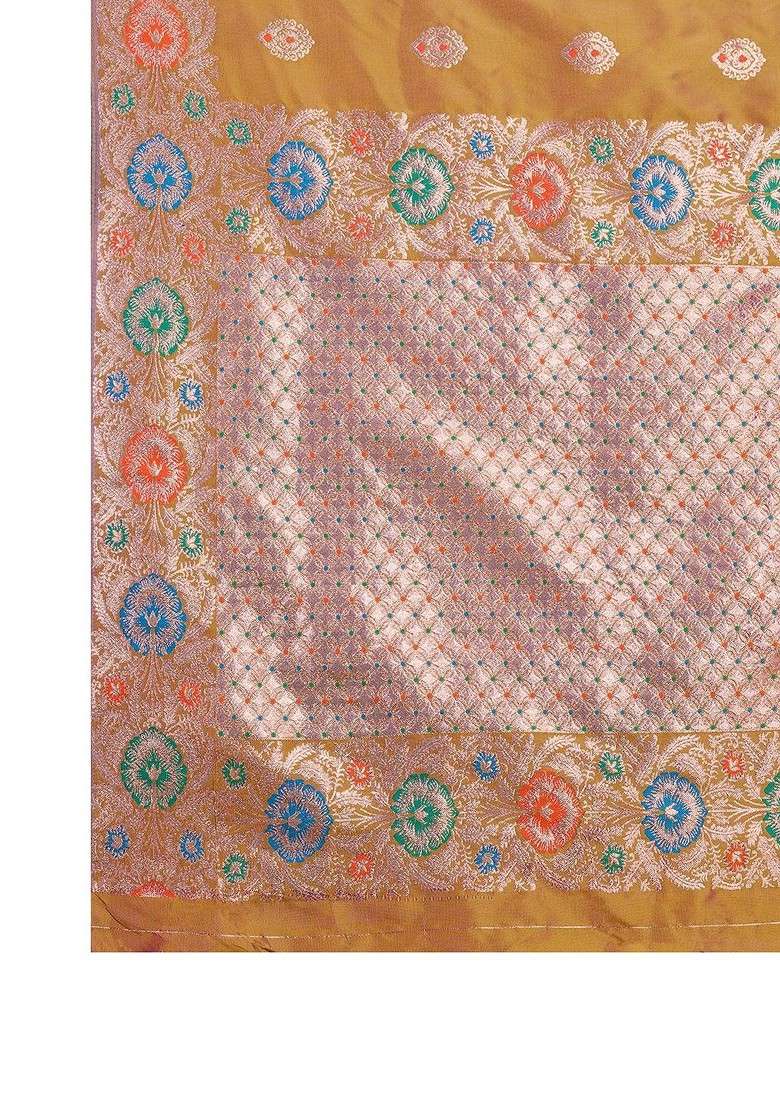 Gold Blended Saree Set with Embroidered for Diwali | Wedding & Festive Wear - Indya