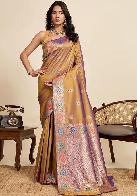 Gold Embroidered Blended Saree Set — view on Indya