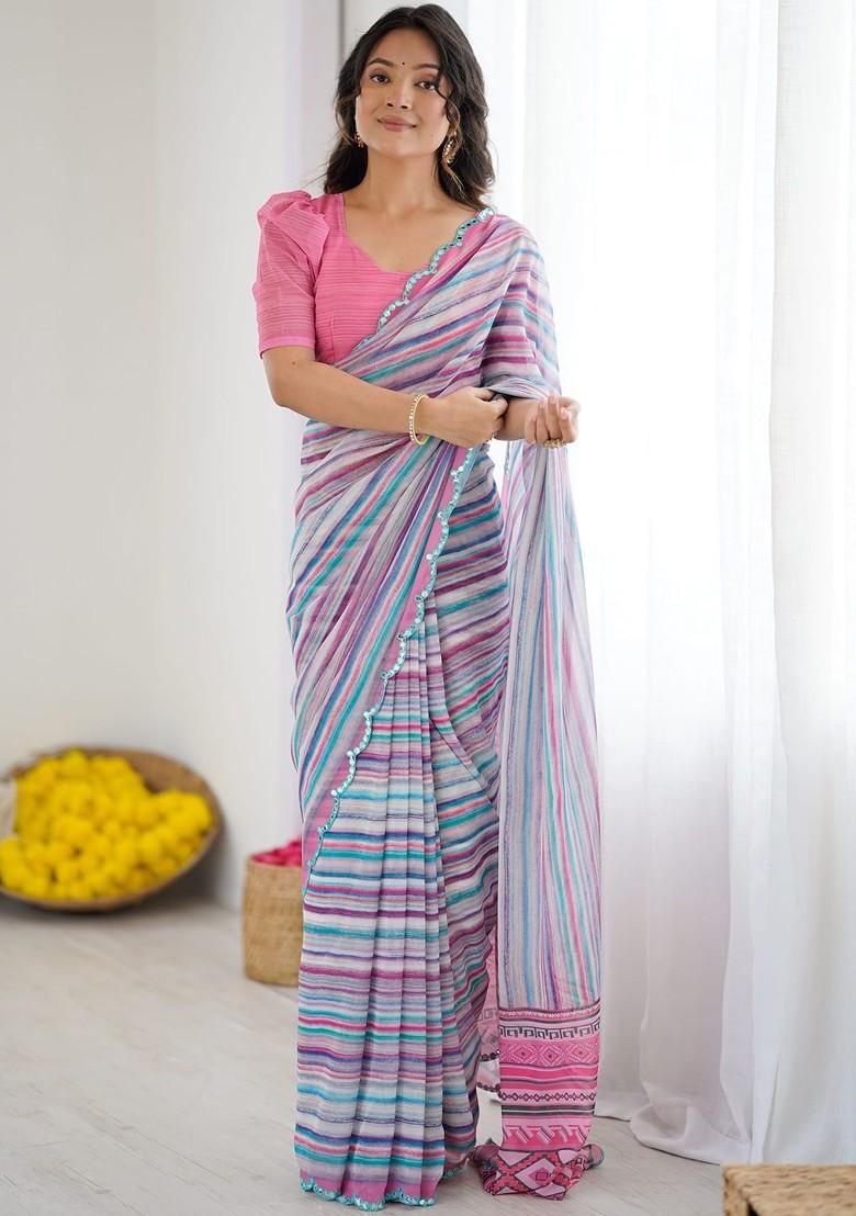 Multi Embroidered Blended Saree Set